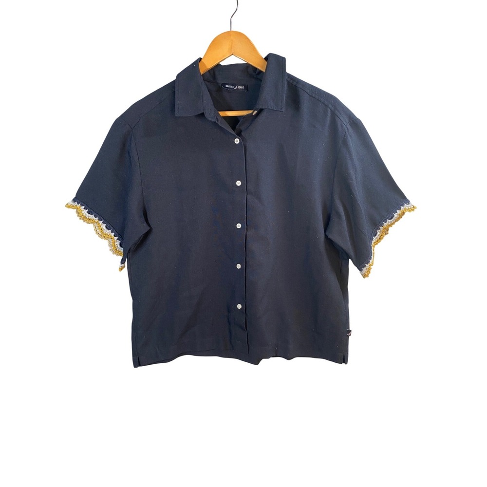 Nautica Jeans Button Up Shirt Women Medium Crochet Trim‎ Coastal Minimalist